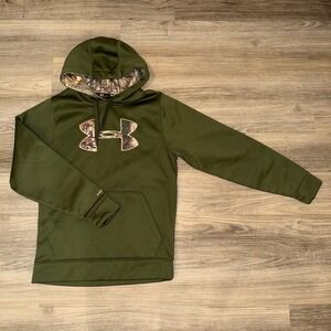 UNDER AMOUR  Storm 1 Hoodie Men's Small Real Tree Camo Logo Olive Green Loose